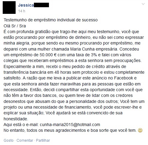 Exemplo de uma burla nigeriana no Facebook. O perfil em causa pode ser falso ou ter sido roubado a uma pessoa real.